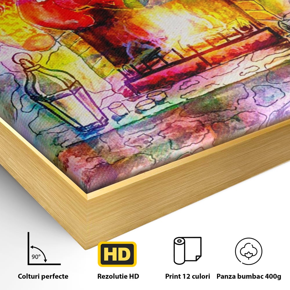 Detaliu al suprafetei: tablou canvas cu peisaj festiv de craciun, in rama de aluminiu auriu